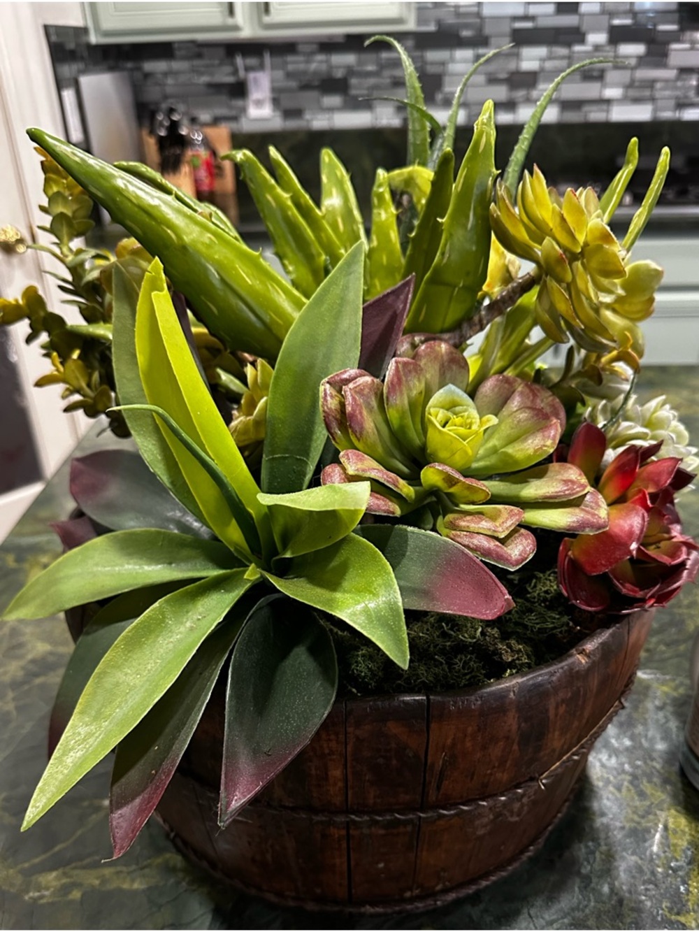 Succulent Barrel Arrangement -Green & Red Large rustic wood barrel planter 15x16